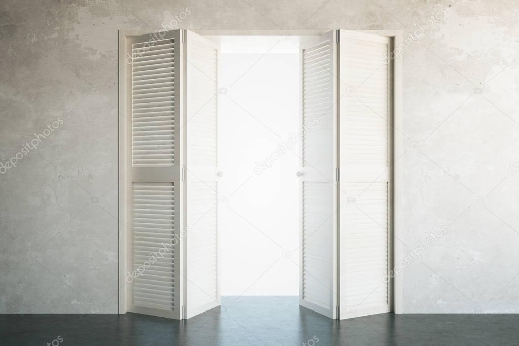 Open doors with bright light in concrete interior. Heaven concept. 3D Rendering