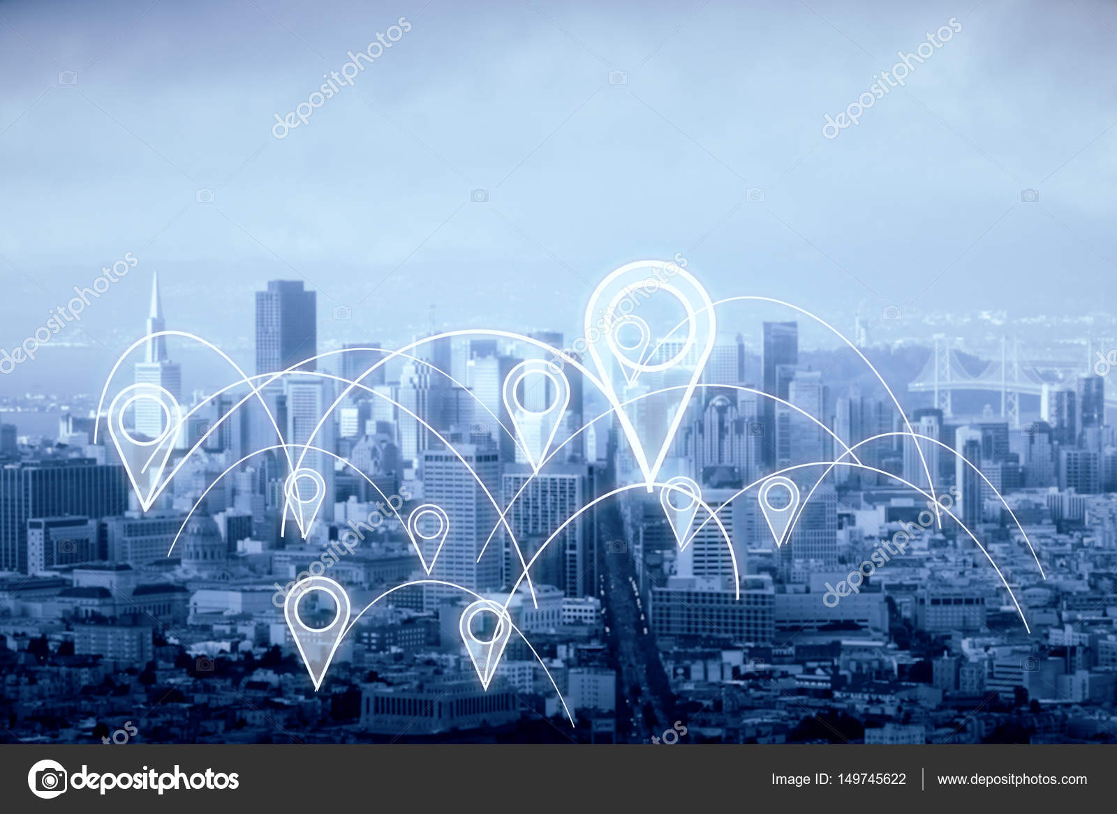 City With Abstract Connected Location Pins Dull Sky Background city-with-abstract-connected-location-pins-dull-sky-background