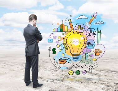 Yaratıcı iş ile parlak gökyüzü arka plan üzerinde düşünme genç işadamı yan görünüm kroki. Araştırma kavramı