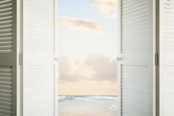 Close up of open doors with beach view and sunlight. Success concept. — Stock Photo, Image