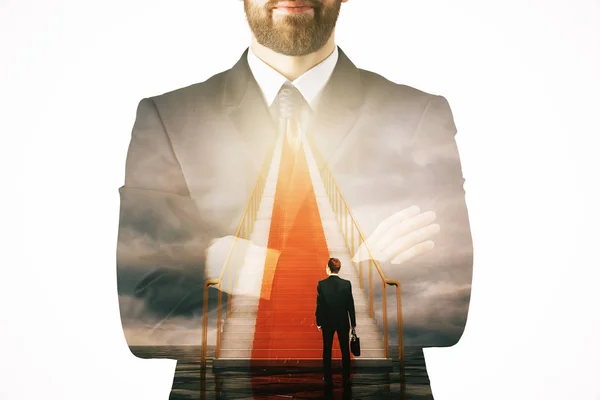 Thoughtful man climbing abstract stairs to heaven. Success concept. Double exposure — Stock Photo, Image