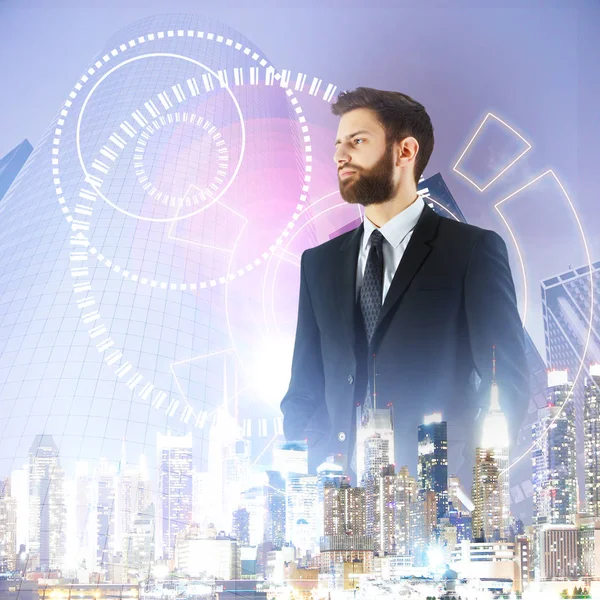 Vista lateral de joven hombre de negocios guapo en el fondo creativo brillante de la ciudad con círculos digitales abstractos. Concepto técnico — Foto de Stock