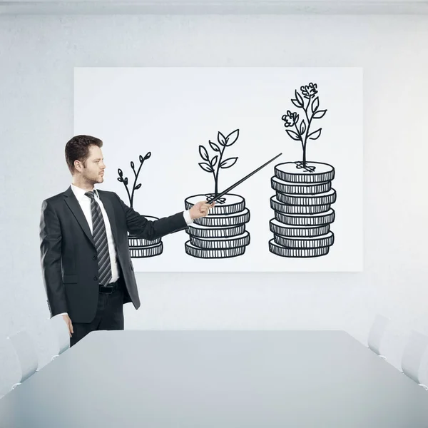 Jovem empresário em sala de conferências apontando para cartaz com esboço criativo. Conceito de dinheiro. Renderização 3D — Fotografia de Stock