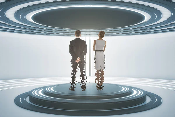 Teleporting businessman and woman — Stock Photo, Image