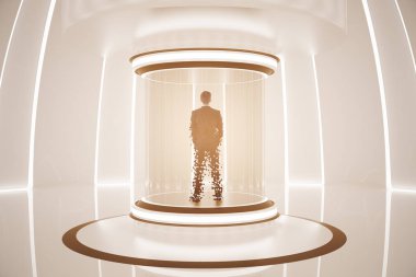 Arkadan görünüşü soyut ışınlanma sation içeride adamımız. Geleceğin teknolojileri kavramı. 