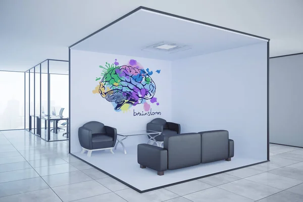 Moderní kancelářské interiéru s salonek oblast, pracoviště a mozek náčrtek na zdi. Brainstrom koncept, vykreslování 3d objektů — Stock fotografie