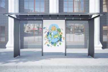 Modern Cam otobüs durağı Eko kroki ile önden görünümü posteri. Çevre kavramı. 3D render