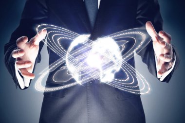 Koyu arka plan üzerinde daireler ile soyut dijital dünya holding iş adamı. Ağ kavramı. 3D render