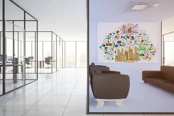 Moderno interior de la oficina con zona de estar, lugares de trabajo y boceto de negocios en la pared. Concepto de éxito, representación 3D —  Fotos de Stock