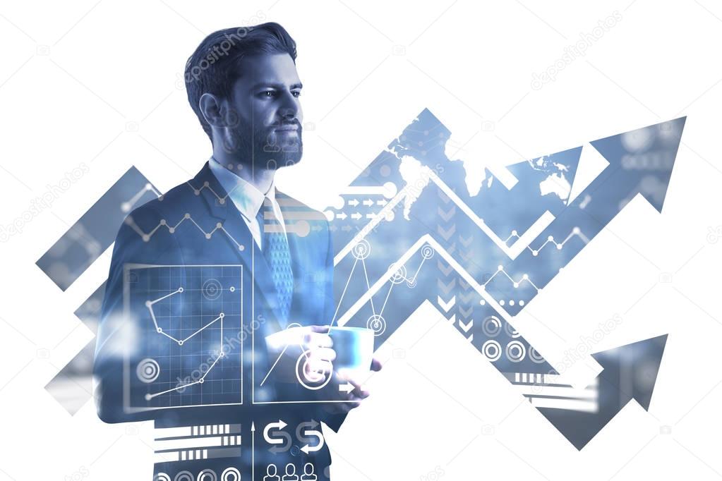 Handsome  european businessman drinking coffee on abstract night city background with business chart arrows. Finance concept. Double exposure