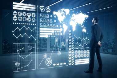 Genç işadamı bakarak iç soyut dijital ekran şehir manzaralı yan görünüm. İş kavramı. 3D render