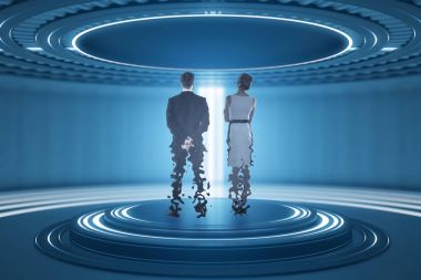 Back view of businesspeople inside abstract teleportation sation. Future technologies concept. 3D Rendering clipart