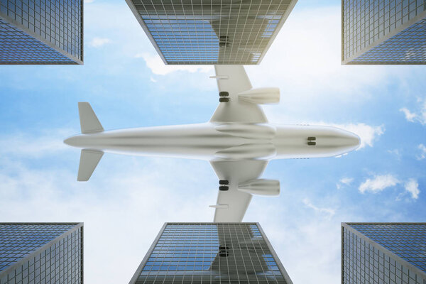 Bottom view of airplane flying above modern city in bright sky. Travel concept. 3D Rendering