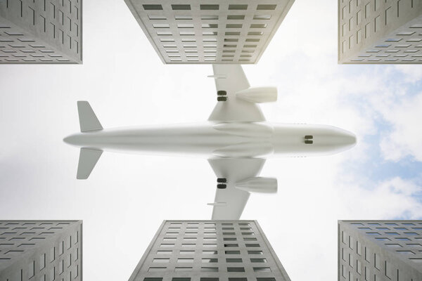 Bottom view of airplane flying above modern city in dull sky. Travel concept. 3D Rendering