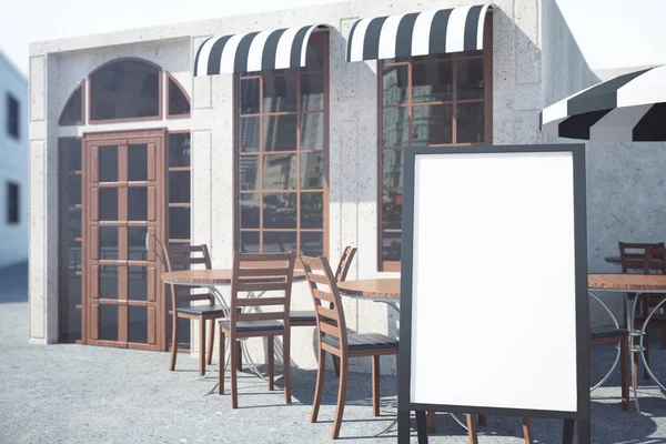 Cafe veranda ile boş beyaz tahta — Stok fotoğraf