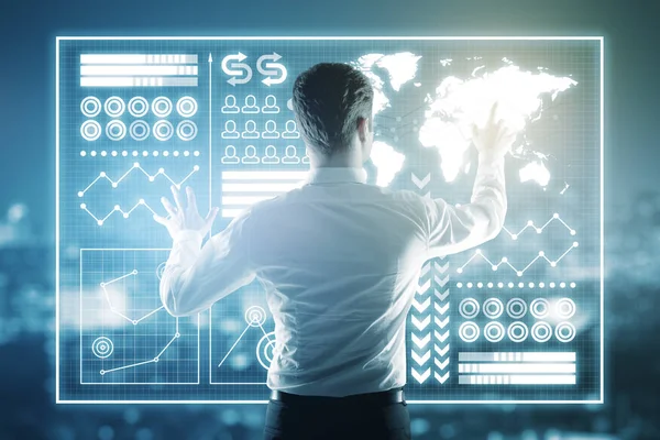 Baksidan på ung man hantera abstrakta digitala affärer diagram på staden bakgrund. Tonad bild. Teknik-konceptet — Stockfoto