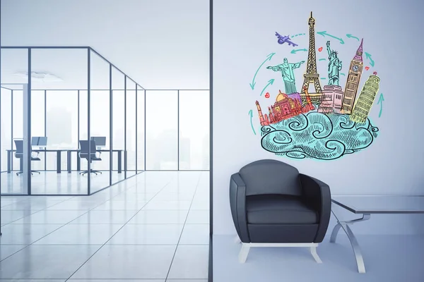 Moderno interior de la oficina con zona de estar, lugares de trabajo y boceto de viaje en la pared. Concepto de viaje, representación 3D —  Fotos de Stock