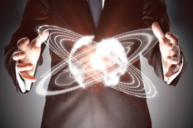 Koyu arka plan üzerinde daireler ile soyut dijital dünya holding iş adamı. Ağ kavramı. 3D render