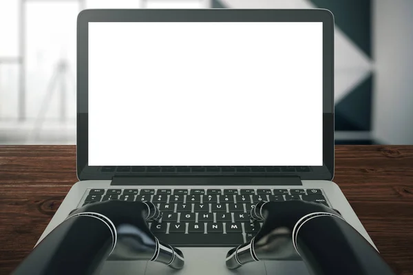 Robot met behulp van witte laptop — Stockfoto