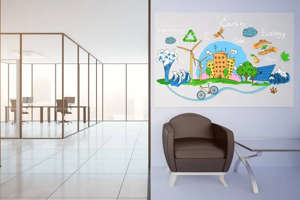 Moderní kancelářské interiéru s salonek oblast, pracoviště a eco náčrtek na zdi. Pojem ekologie, vykreslování 3d objektů — Stock fotografie