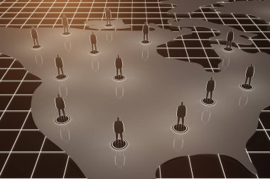 Birden fazla kişi ile sepya harita kafes arka plan üzerinde rakamlar. Seyahat kavramı. 3D render