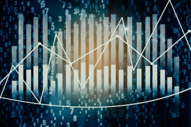 İş grafiği barlar ve okları ikili kod ile koyu arka plan üzerine kapatın. Ekonomi kavramı. 3D render