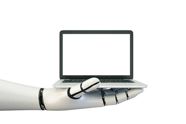 Side view of robot's hand holding notebook with empty screen on white background. Mock up, 3D Rendering. Progress concept