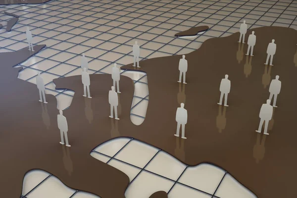 Mapa de Sepia con múltiples figuras de personas sobre fondo de malla. Concepto de red. Renderizado 3D —  Fotos de Stock