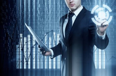 El dijital düğmesine basarak belge ile genç Avrupa iş adamı. İş çizelgeleri içinde belgili tanımlık geçmiş. Fintech kavramı