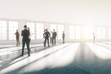 Güneş ışığı ile geniş beton odasında iş adamları. Toplantılar kavramı. 3D render