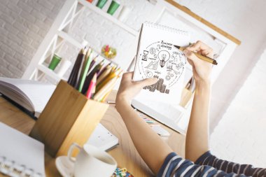 Kahve fincanı, sarf malzemeleri ve diğer öğeleri ile ahşap ofis masasında kadın çizim iş kroki sarmal Defteri'nde yerleştirilir. Fikir kavramı
