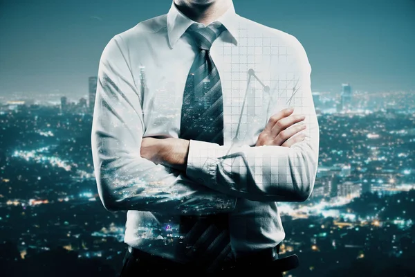 Businessman with folded arms on creative night city background. Double exposure. Career concept — Stock Photo, Image