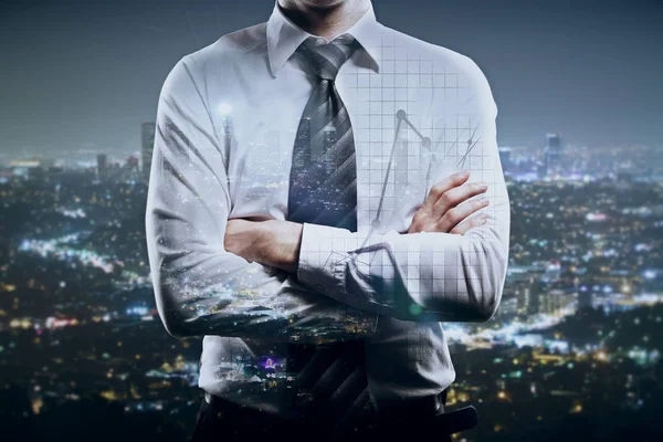 Businessman with folded arms on creative night city background. Double exposure. Future concept — Stock Photo, Image