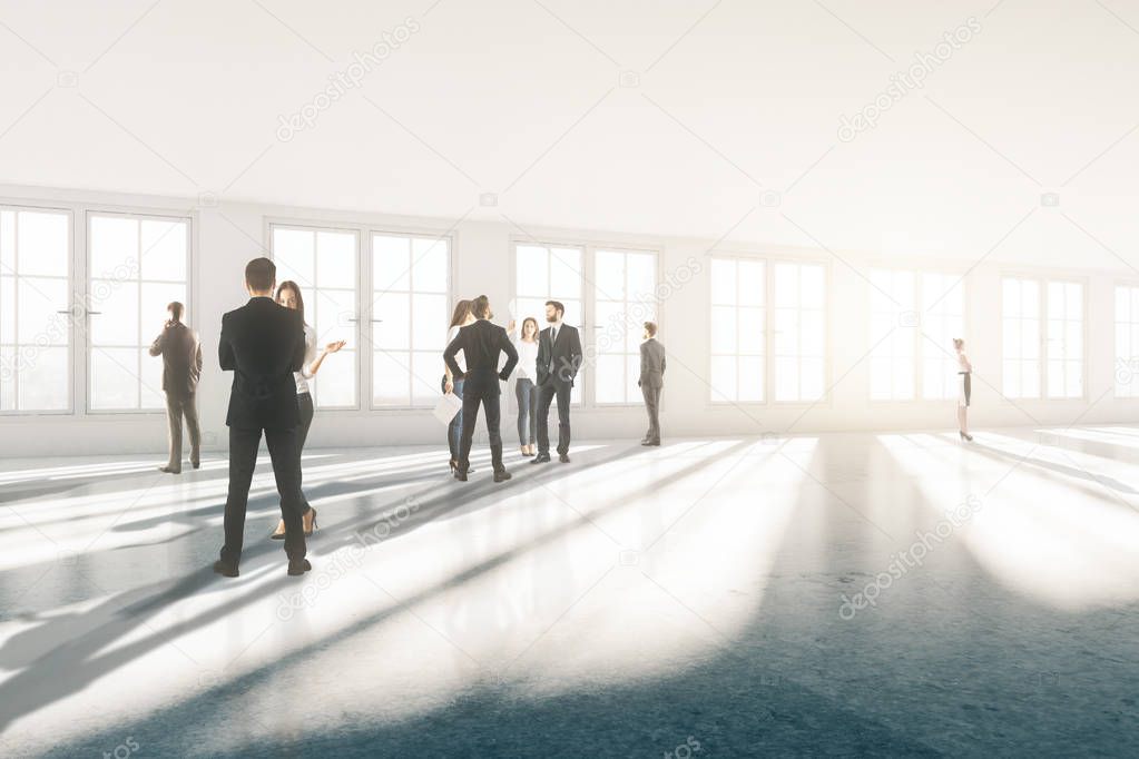 Businesspeople in spacious concrete room with sunlight. Meetings concept. 3D Rendering