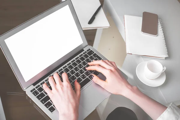 Girl using white laptop — Stock Photo, Image