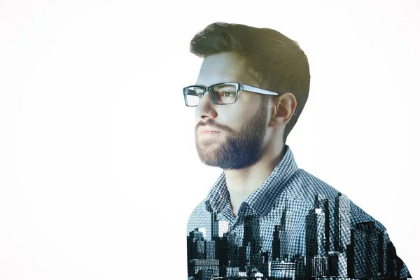 Side portrait of attractive european man on creative city background. Brainstorm concept. Double exposure — Stock Photo, Image