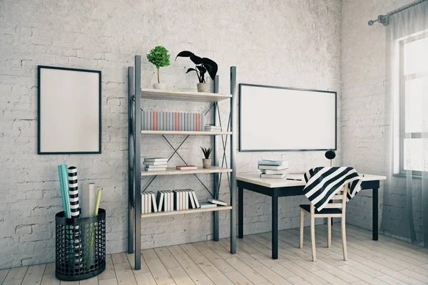 Side view of contemporary interior with empty picture frames, workplace and book shelf. Mock up, 3D Rendering