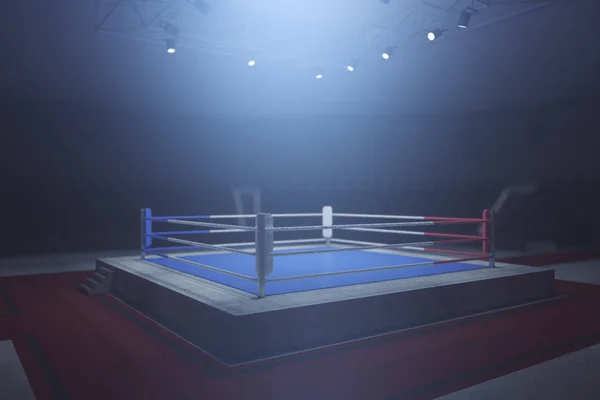 Boční pohled na boxerský ring v mlhavé interiéru s spotight. Uprostřed lana. 3D vykreslování — Stock fotografie