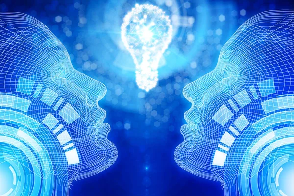 Fundo azul abstrato com dois humanos digitais e lâmpada. Ideia conceito. Renderização 3D — Fotografia de Stock