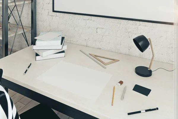 Close up of workplace with empty paper sheet, table lamp, various supplies and other items. Mock up, 3D Rendering — Stock Photo, Image