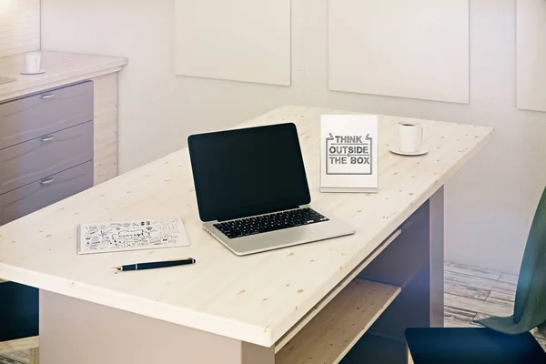 Wooden desktop with empty laptop — Stock Photo, Image