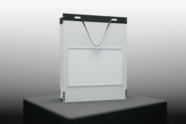 白色的购物袋放在黑箱的特写。广告概念。模拟了 3d 渲染 — 图库照片