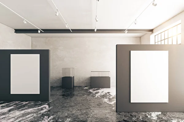Galeria de concreto interior com cartazes vazios e luz do dia. Preparem-se, 3D Rendering — Fotografia de Stock