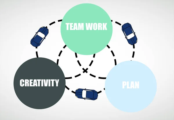 Colorful business diagram connected with dotted circles and cars. Teamwork concept