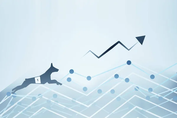 Side view of abstract dog figure running up business charts with arrow. Success concept. 3D Rendering
