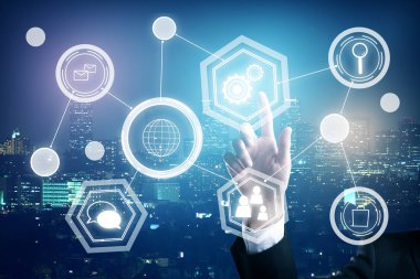 Gece şehir arka plan dijital iş simgeleri, gösteren bir el. Hud kavramı. 3D render