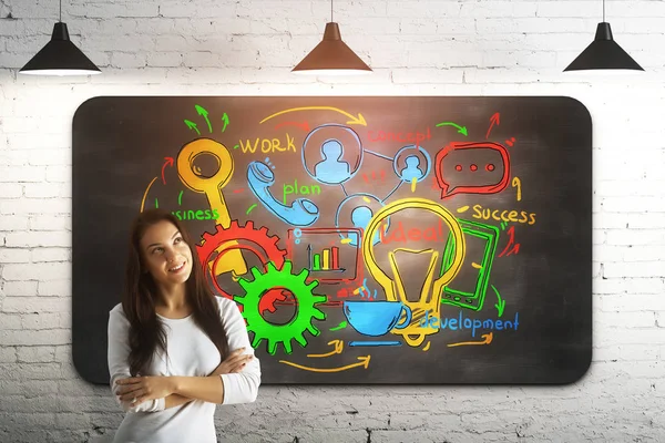 Joven mujer alegre de pie junto a pizarra iluminada con croquis de negocios de colores. Fondo de pared de ladrillo. Concepto de logro . — Foto de Stock