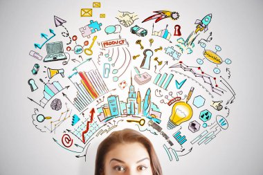 Yarım yüz çekici şaşırttı kadın iş ile ışık arka plan üzerinde portresi kroki. İnovasyon kavramı