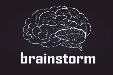 Beyaz beyin kroki ve koyu arka plan üzerinde metin. Beyin fırtınası kavramı. 