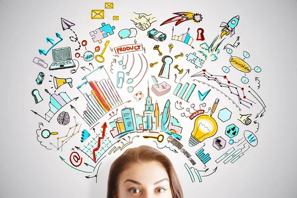 Yarım yüz çekici şaşırttı kadın iş ile ışık arka plan üzerinde portresi kroki. İnovasyon kavramı